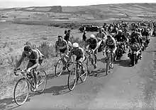 Photographie en noir et blanc d'un peloton cycliste en course.