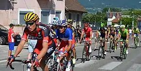 Photographie d'un peloton de coureurs cyclistes, un spectateur étant visible sur la gauche de l'image.