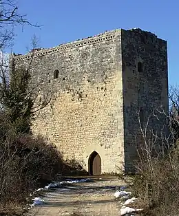 Tour de pierre, rectangulaire, massive. Deux ouvertures : une petite fenêtre, et une petite porte sous ogive.Ciel bleu.