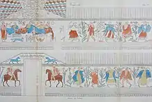 Reproduction sur papier balnc des dessins provenant d'une fresque funéraire, en couleur (bleu, rouge marron, jaune et vert), avec des figures de cavaliers, de cultivateurs, de musiciens et de riches banquetant.