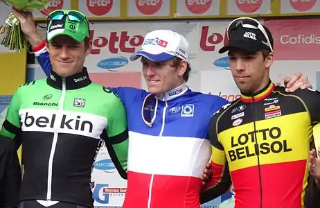 Podium de l'édition 2014 de l'Eurométropole Tour : Theo Bos (2e), Arnaud Démare (1er) et Jens Debusschere (3e).
