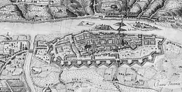 Extrait en noir et blanc d'une carte ancienne montrant deux enceintes urbaines emboîtées.