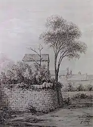 Dessin en noir et blanc d'un mur en arrondi surmonté de végétation.