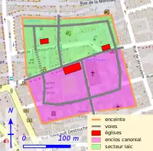 Séparation en quartiers d'une ville ancienne et de sa voirie reportés sur un plan moderne.