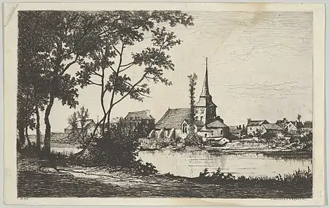 Ville avec église de l'autre côté d'une rivière (eau-forte, MET).