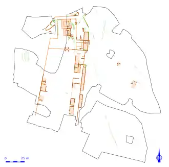 Plan montrant par un jeu de couleurs les composants d'un site archéologique.