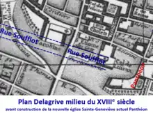 Tracé de la future rue Soufflot sur le plan de Delagrive vers 1750.