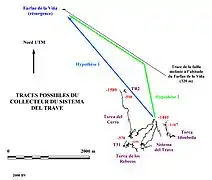 Plan des gouffres de la zone du Travé et de la résurgence présumée du Farfau de la Viña, 2000.