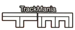 TrackMania est écrit en lettres blanches bordées de noir, ainsi que les lettres T et M en dessous.