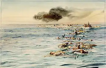 William Lionel Wyllie, The Track of Lusitania. View of Casualties and Survivors in the Water and in Lifeboats, 1915.
