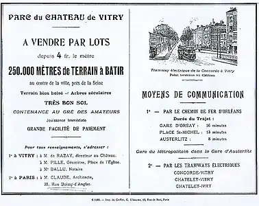 Tract de vente des lots du parc du château de Vitry.