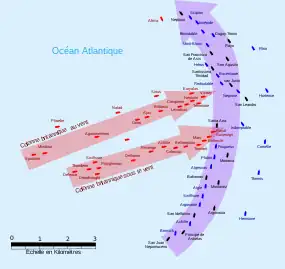 Carte de la bataille de Trafalgar montrant deux colonnes de navires britanniques coupant la ligne des navires franco-espagnols.