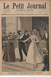Photographie de la une d'un journal, avec une illustration représentant un groupe de personnes à la sortie d'un mariage.