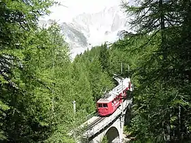 Photographie en couleurs du train en contrebas, des arbres de chaque côté, la montagne au fond