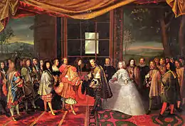 7. Le tableau date de 1659, le roi et les dignitaires français portent déjà la rhingrave, par contre ceux espagnols, à droite, qui n'adopteront jamais cette mode, portent un haut de chausses assez ajusté.