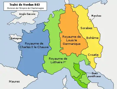 Traité de Verdun (843) : l'Empire carolingien est divisé entre les trois fils de Louis le Pieux : Charles II le Chauve (Francie occidentale), Lothaire Ier (Francie médiane)  et Louis II de Germanie (Francie orientale).