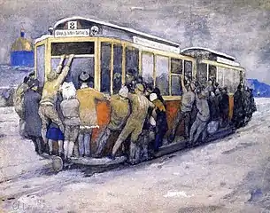 Accrochés au tramway, 1920.