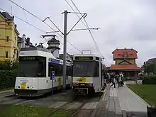 Deux rames du tramway de la côte belge à l'arrêt du Coq
