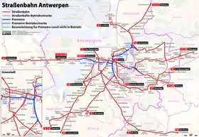 Plan du réseau actuel de tramway d'Anvers.