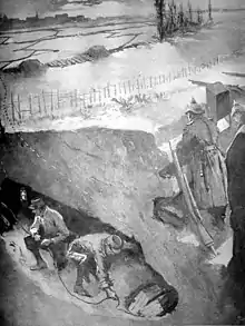 Représentation d'un travail de sape français afin de miner une tranchée allemande. Illustration du Miroir (1915).