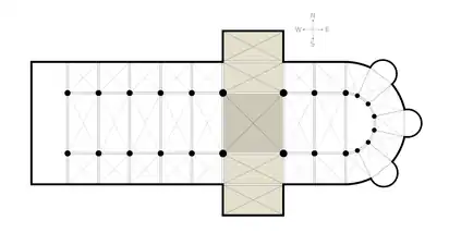 Plan type d'église avec son transept, composé de la croisée (gris foncé) et de deux croisillons (gris clair).