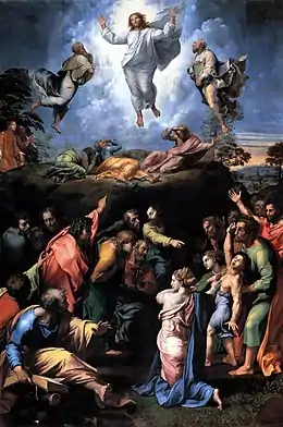Tableau. En haut Jésus, Moïse, Élie, dominent Pierre, Jacques, Jean, prostrés. En bas une foule agitée