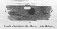 Dessin de Io devant un rond noir représentant Jupiter. Io est montrée comme grisée avec un bandeau équatorial blanc.