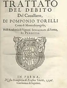 Trattato del debito del caualliero, di Pomponio Torelli publié à Parme par Erasmo Viotti en 1596