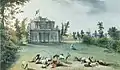 Pavillon Rinaldi construit sur la grande Neva, sur la demande du baron Sergueï Grigorievitch Stroganov, œuvre de l'architecte italien Antonio Rinaldi (1754), une peinture de Jean-Baptiste de La Traverse (1790)