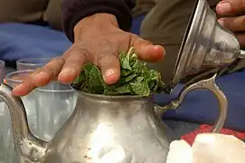 Une main fourre une poignée de thé dans la thière.