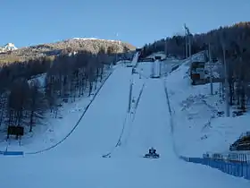 Photographie de deux tremplins de saut à ski vus depuis l'aire d'arrivée.