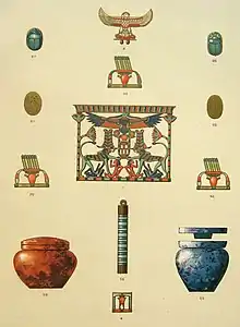 Trésor de Dahchour. Au centre (no 1) pectoral de la princesse Méreret au nom de son père Sésostris III. Jacques de Morgan, Foilles à Dahchour, 1895, au Musée égyptien du Caire