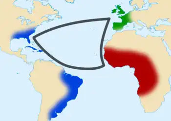 Carte avec un triangle passant par les côtes ouest-africaine, brésilienne, nord-américaine et ouest-européenne