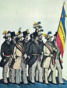 Patronnée par Alphonse de Lamartine, la « Société des étudiants roumains » défile à Paris en 1848, pendant le « printemps des peuples », avec un drapeau tricolore bleu-jaune-rouge portant les mentions Dreptate, Frăție (« Équité, Fraternité ») : reproduction d'une aquarelle de Costache Petrescu.