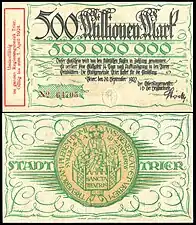 Billet de 500 millions de Mark à Trèves en 1923.