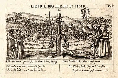 Vue de la ville de Trèves dans le Thesaurus philopoliticus, gravure sur cuivre d'Eberhard Kieser, 1625.