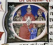 Image d'un livre montrant trois personnes, celle du milieu étant un homme d'Église