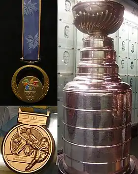 Montage photo d'une médaille d'or olympique, d'une médaille d'or de championnat du monde et de la Coupe Stanley.