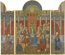 La Vierge entourée des apôtres reçoivent des langues de feu, sur le panneau gauche, un empereur, à droite un évêque.