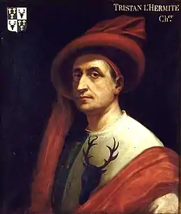 Peinture. Portrait de trois quarts. Grand turban pourpre tombant « à la Médicis » tombant le long de l'épaule droite et remonté sur l'épaule gauche. Armoiries dans l'angle supérieur gauche du tableau. « Tristan l'Hermite, chevalier » écrit dans l'angle supérieur droit.