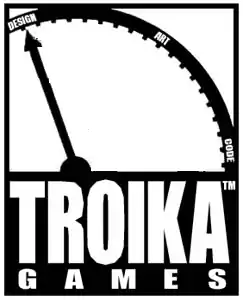 Troika Games est inscrit en blanc sur un fond noir, constituant une horloge et une aiguille, ressemblant également à un engrenage.