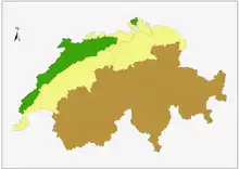 carte de la suisse montrant la division du territoire en trois régions géologiques, ces régions se répartissent en trois bandes parallèles et orientées du sud-ouest au nord-est