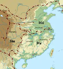 L'extension approximative des Trois royaumes vers 260, à la veille de la conquête de Shu par Wei.