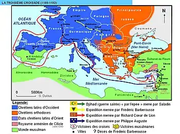 Carte des trajets empruntés par les Croisés de la troisième croisade.