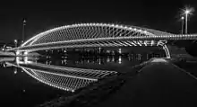 Un pont moderne sans piles, illuminé de nuit.