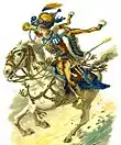 Un soldat sur un cheval au galop, sonnant de la trompette.