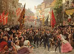 Soldaternes hjemkomst til København (Les soldats danois rentrent à Copenhague), 1849, toile. Musée national du Danemark