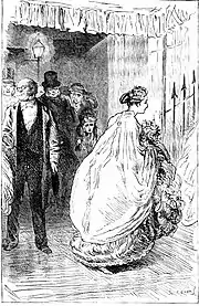 Tassée dans une encoignure par une foule de messieurs debout, la jeune infirme observe une femme à la mode (crinoline, falbalas et ample burnous) rassemblant ses jupes pour monter un escalier