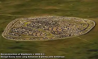 Reconstruction de la ville trypillienne Maydanets 4000 av. J.-C. D'après des informations tirées du livre Looking for Trypillya-Culture Proto-Cities de Mykhailo Videiko.