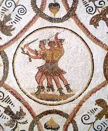 Représentation d'Hercule sur la mosaïque d'Acholla dans trois scènes avec divers attributs du mythe.